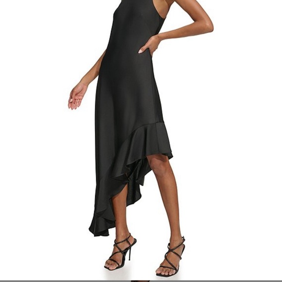 New Karl Lagerfeld Satin Halter Mock Neck Sleeveless Asymmetrical Hem Midi Dress - Picture 3 of 4